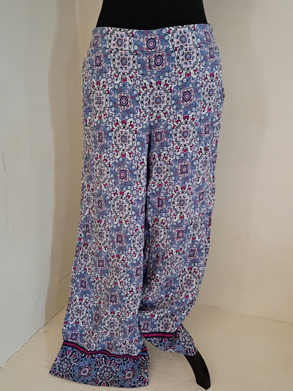 LOFT Blue Floral-Print Wide-Leg Linen Blend Pants